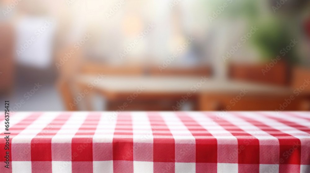 Poster empty red checkered tablecloth in white table top with blur background