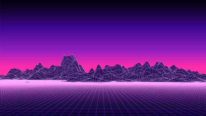 Retro fantastic background of the 80s. Vector mountain wireframe landscape with night sky. Futuristic neon scenery.