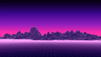 Gordijnen Retro fantastic background of the 80s. Vector mountain wireframe landscape with night sky. Futuristic neon scenery. © Flow 37