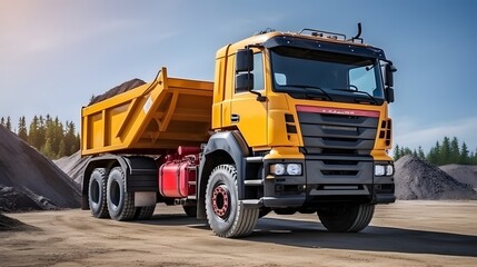 Large mining dump truck at the construction site. Powerful modern equipment for the delivery and transportation of bulk cargo. Construction site. Rental of construction equipment. - obrazy, fototapety, plakaty