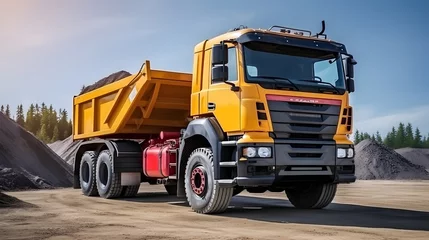 Foto op Plexiglas Large mining dump truck at the construction site. Powerful modern equipment for the delivery and transportation of bulk cargo. Construction site. Rental of construction equipment. © Lucky Ai