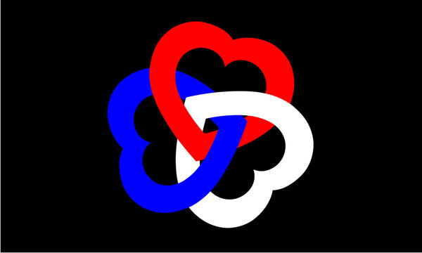 Three lovely hearts, white, blue and red, strung together. Illustration of unity and love. 
