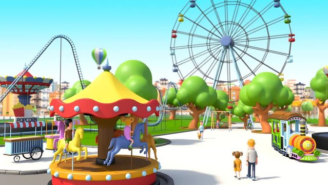 3D animation of Kids and parents going to amusement park for holiday. Children enjoying and having fun in riding ferris wheel, swings, rail in an carnival theme park.
