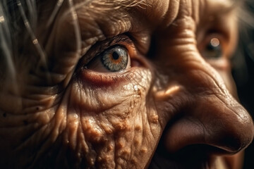 Extreme close up of old woman face with intense macro eyes and stare, face of stories wrinkles and adventures