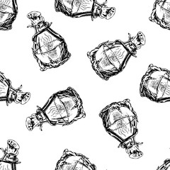 Seamless pattern of hand-drawn bottle with a magic potion. Vector vintage illustration. Drawing with an ink pen. Halloween vector illustration.