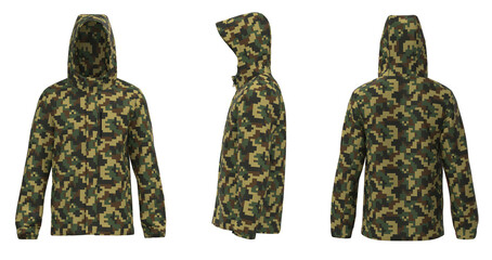 Camouglage Men’s hooded raincoat jacket. isolated