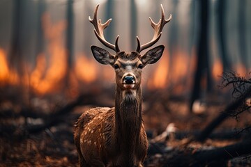 Deer escaping forest fire. Generative Ai image