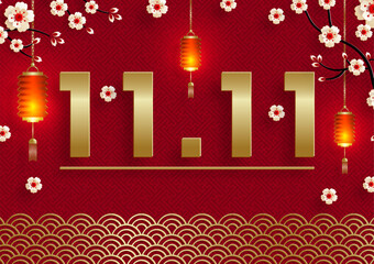 11.11 Chinese shopping day sale poster with gold paper cut art and craft style on color background