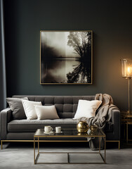 A living luxurary room of a beautiful bright modern Scandinavian style house, generative AI	
