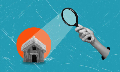 Modern artistic collage, a hand with a magnifying glass looking at a house.