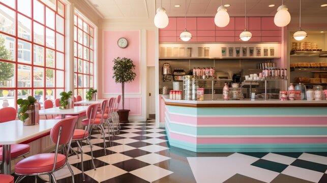 Vintage American ice cream parlour with pink stools at the bar. Pink bar  counter. Cute pink cafe concept. Generative AI. Stock Illustration