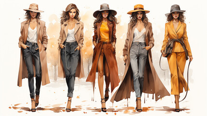 autumn fashion clothes, a group of models of girls, in october look, watercolor on a white background drawing, models in a row - obrazy, fototapety, plakaty