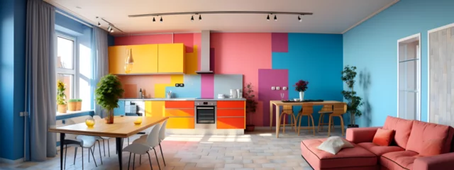 Fotobehang appartement moderne avec un mur très coloré, canapé et fauteuil © Fox_Dsign