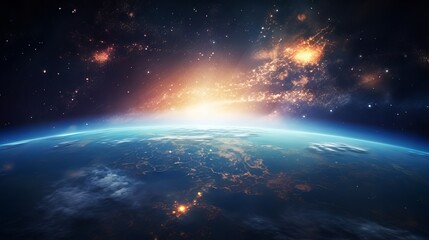 Sunlight ascending over earth: a breathtaking view of the planet and the outer space - obrazy, fototapety, plakaty