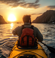 man is paddling a kayak in the water at sunset