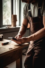 Fototapeta na wymiar cropped shot of a handyman using his phone while working at a home
