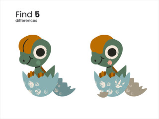 Children games. Find 5 differences. Cartoon tyrannosaurus.