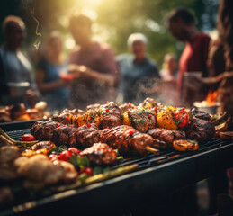 Naklejka premium the grilling of some tasty food with people in the background