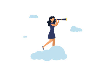Business opportunity, achieving target concept, smart businesswoman riding in high clouds with binoculars looking for business target. Illustration