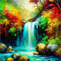 A gentle waterfall, steep hills, colorful autumn leaves, created with Generative AI technology