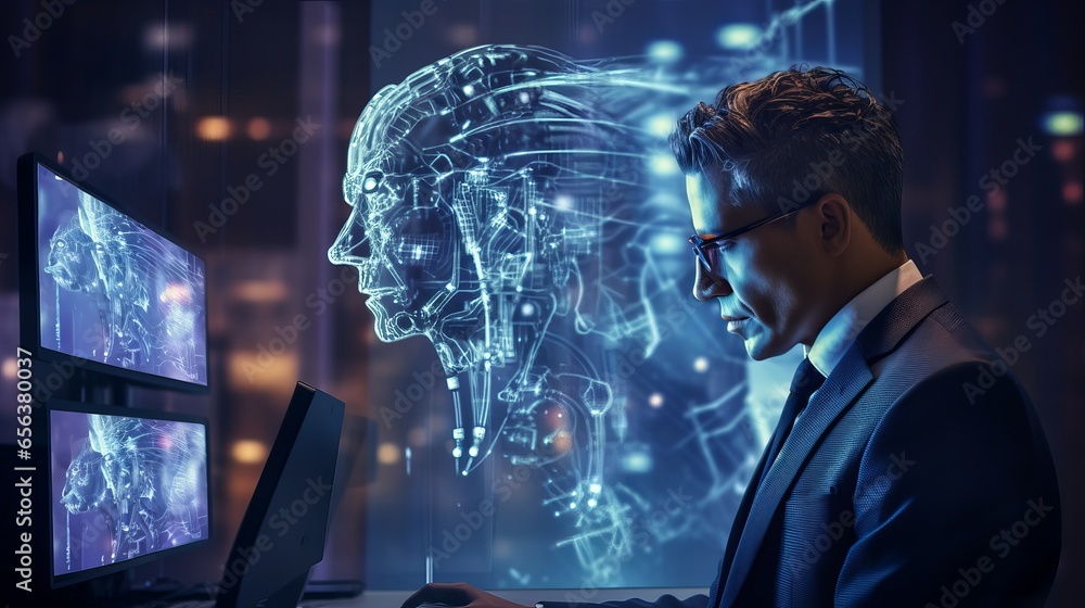 Poster businessman harnessing ai technology for data analysis and coding with digital brain - machine learn