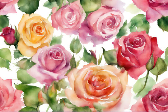 Watercolor roses flowers seamless background i isolated on white, abstract flowers made from watercolor paint splashes.