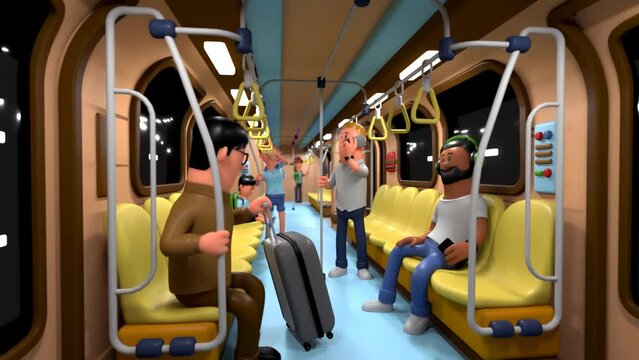 3D Subway train moving fast. People sitting and standing inside view of a running metro train.