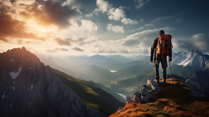 Fototapeta premium Hiker with backpack standing on top of a mountain at sunset.