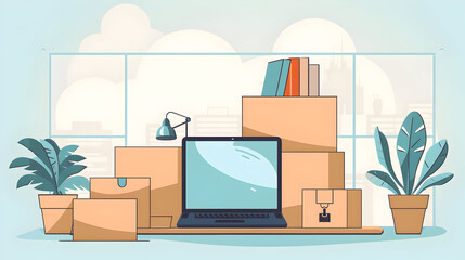 business freelance with parcel box and computer, vector image