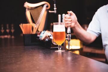 bartender's hand pours draft beer in a bar