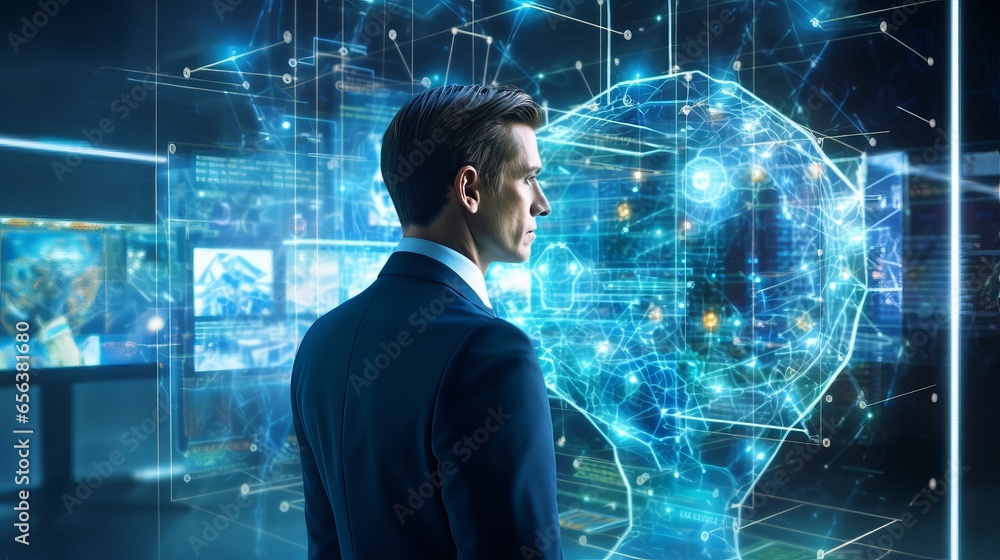 Poster businessman harnessing ai technology for data analysis and coding with digital brain - machine learn