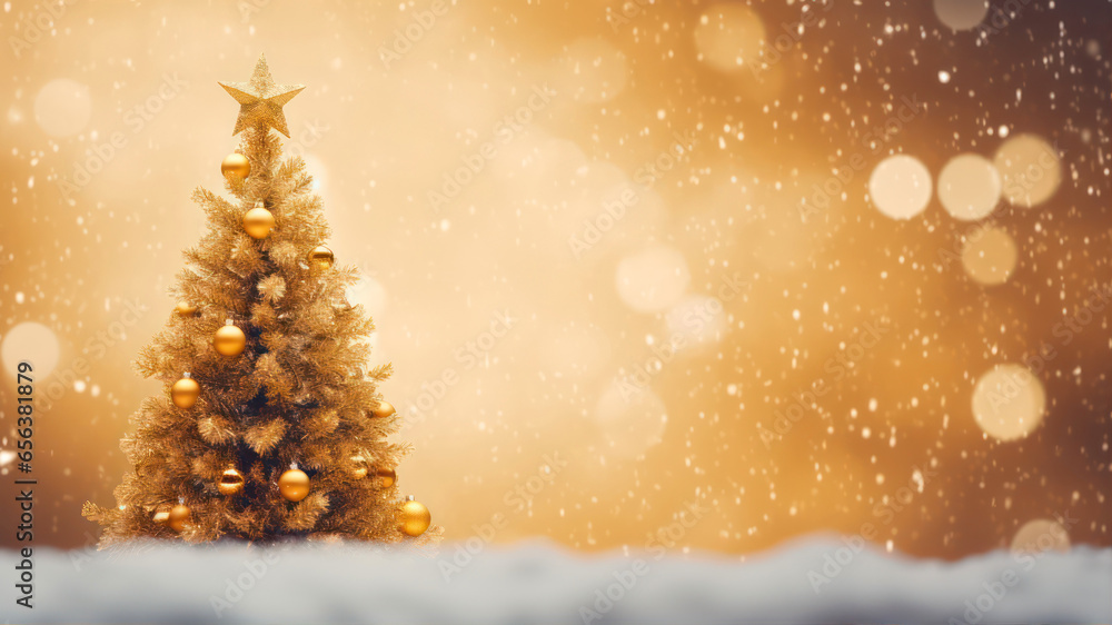 Poster golden christmas tree with snow and bokeh background. copy space.