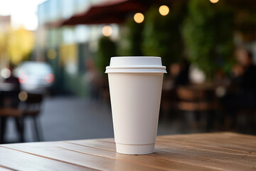 Coffee cup on wooden table in coffee shop