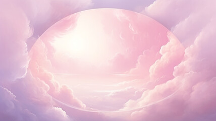 round frame arch among pink clouds, banner watercolor soft colors softpastel, heavenly paradise atmosphere