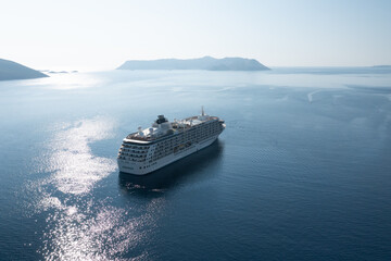 Big cruise ship in calm sea bay. Aerial view