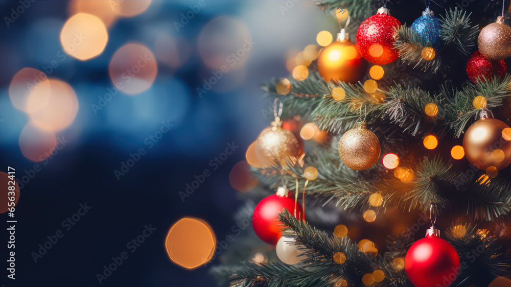 Poster decorated christmas tree on blurred background with bokeh effect