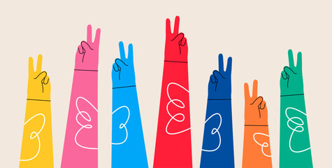 Hands showing a peace sign. Two fingers raised up. Colorful vector illustration