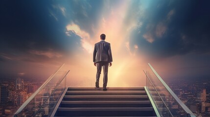 ambitions concept: determined businessman climbing stairs towards success and achievement - obrazy, fototapety, plakaty