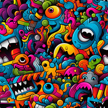 Abstract colorful seamless background in retro and 90s style, monsters, cool pattern, pop art. Generative AI
