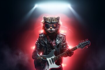 Cat rock star with guitar on stage, neon background. - obrazy, fototapety, plakaty
