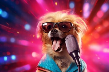 A rock star dog with a microphone on stage, neon background.  