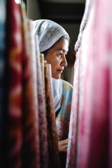 cropped shot of a woman looking at some fabric