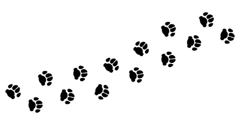 Pet paw prints trail. Domestic dog or puppy black footprints silhouettes vector illustration on white background. © Anastasiia