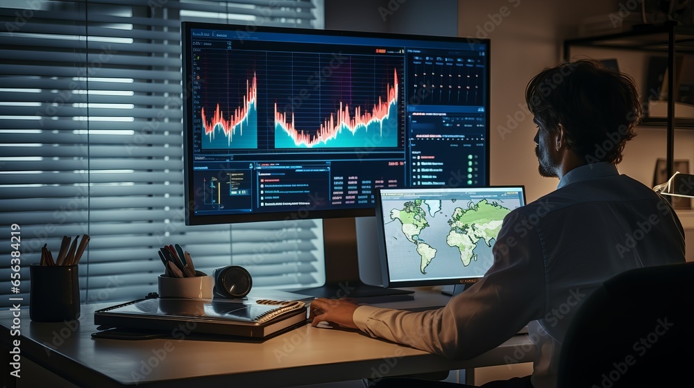 Poster data analyst utilizing computer and dashboard for business analysis and data management, metrics, da