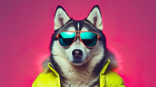 Siberian Husky looking front in human clothes wearing shades on a light gradient background.