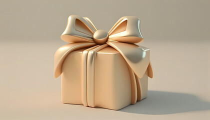 3D gift box, gold ribbon bow on beige pastel background 3D render. Generative Ai.