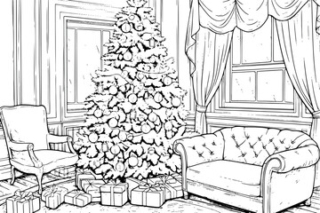 A festive Christmas interior sketched in simplistic black and white vector art, capturing the charm and elegance of the holiday season. Generative AI 