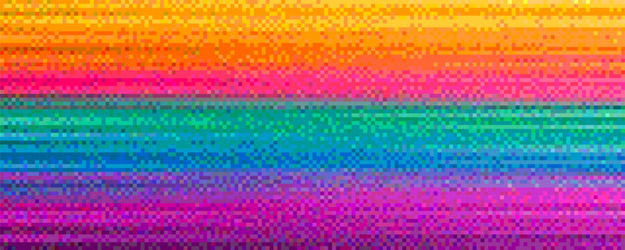 Colorful mosaic pixel art texture. Pixelated rainbow horizontal gradient background with dither effect. Vector background
