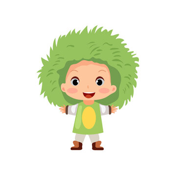 happy kids wearing natural plant costume with big hat of leaf grass for school theatrical action character vector flat illustration