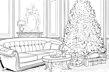 A minimalist, monochromatic illustration of a Christmas-themed interior, showcasing various elements associated with the festive season. Generative AI 
